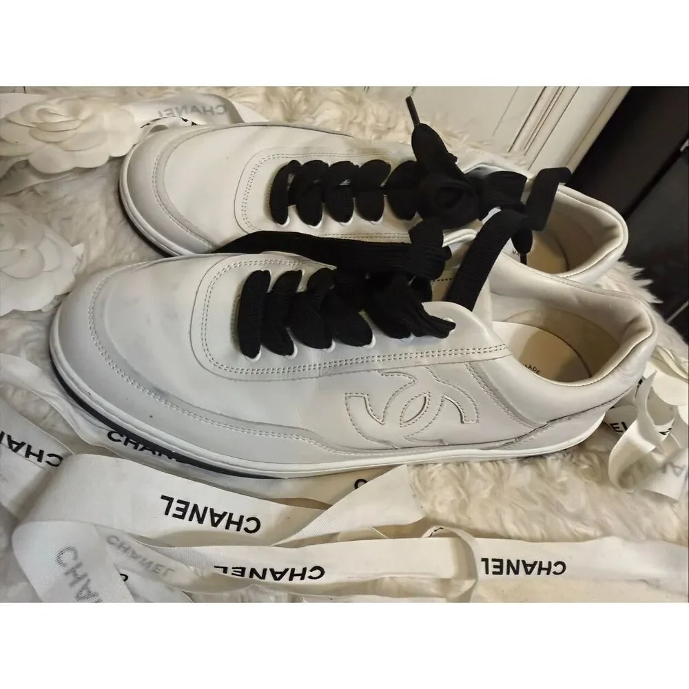 Chanel Women's Lace-Up Calfskin Low Top Sneaker Flats Shoes White 40 verified